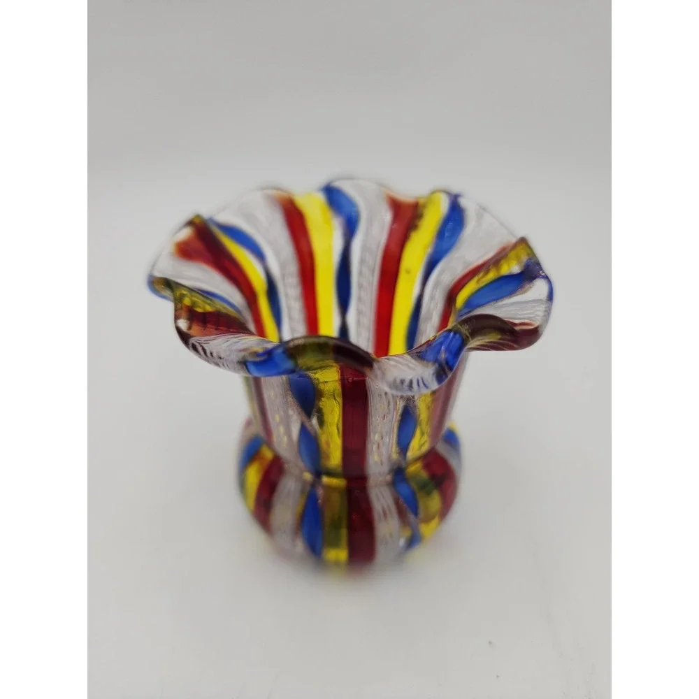 VTG MURANO Latticino Design In Tutti Fruity Colors Toothpick Holder Small Vase